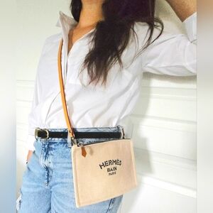 Hermes Beige Canvas 'Hermes Bain' Crossbody with Orange Strap